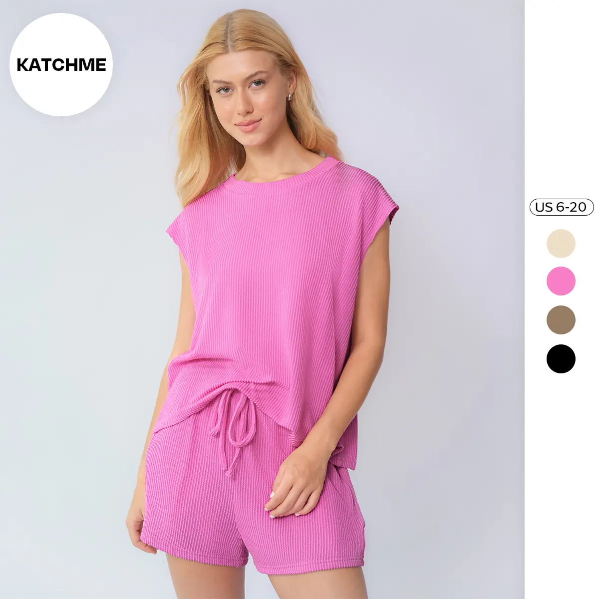 KatchMe Women's Pinstripe Round Neck Cap Sleeve Loose Top  & Drawstring Decor Shorts Co-ord, Basic Two Piece Sets for Spring & Summer, Comfortable Womenswear