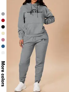 Heart Pattern Long Sleeve Hoodie and Jogger Pants Set for Women, Casual Spring & Fall Fashion, Comfortable Fitted Fit, Daily Wear, Stylish