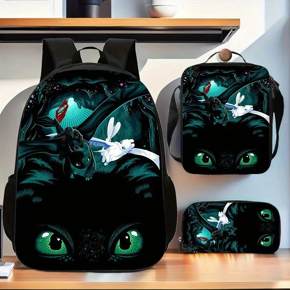How to Train Your Dragon Toothless Light Fury 3-in-1 Dragon Bundle Backpack Set - 3PCS Durable Oxford Cloth Youth Daypack with Adjustable Straps, Water Resistant Lunch Box & Pencil Case for Elementary School Boys, Ideal Holiday/Birthday Gift