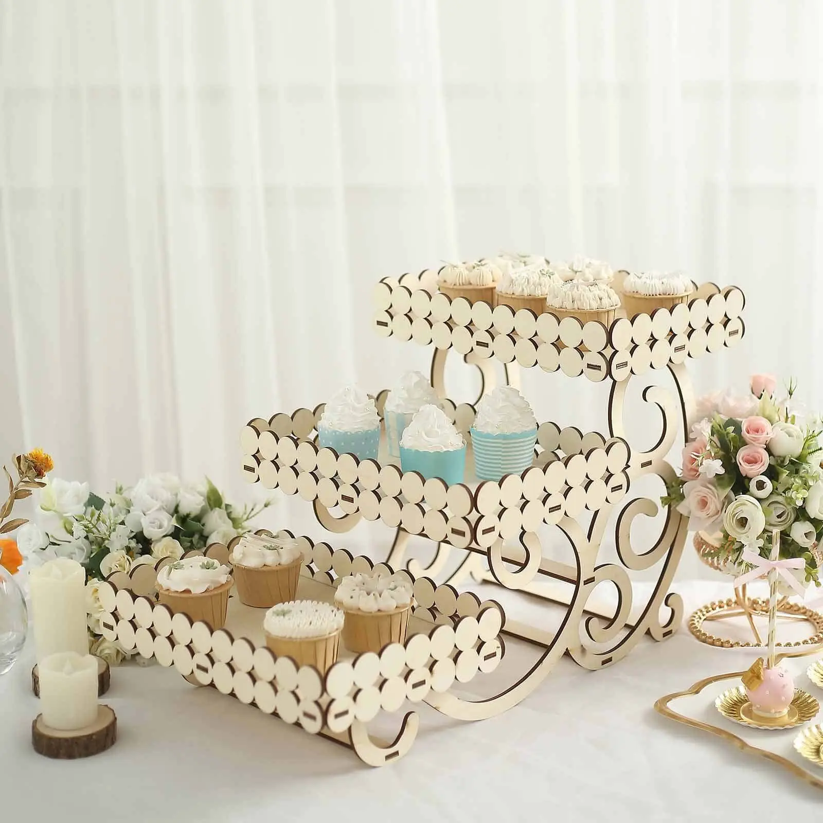 3-Tier Wood Dessert Display, 22" Rectangular Laser Cutout Natural Serving Platter - Wedding Cupcake Mini Cake Tray for Home & Festive Party Supplies, Cake Decorations, Birthday Cake Celebration