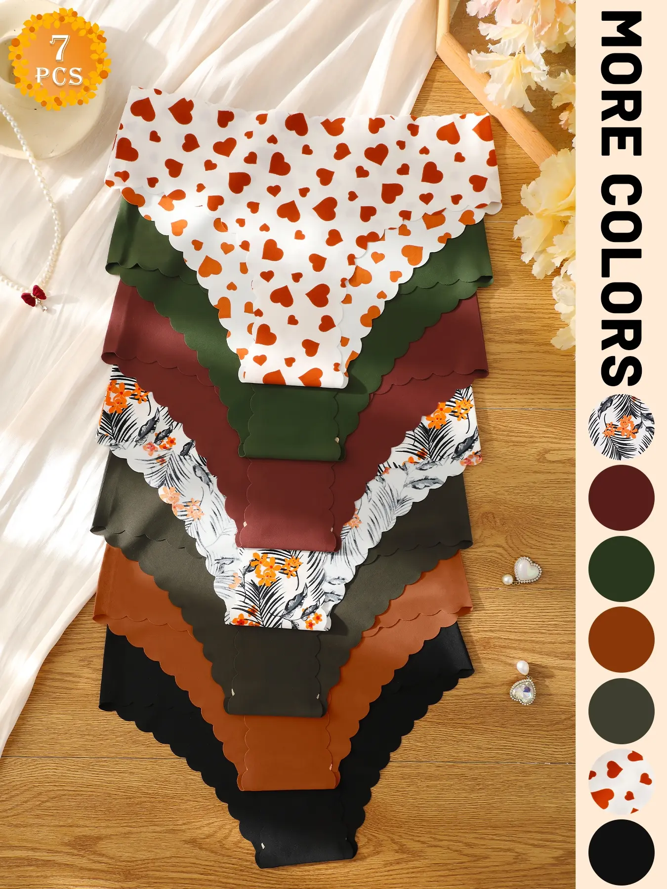 6/7 Pcs Women's Briefs, Sexy Seamless Wavy Edge Low Waist Design, Slim-Fitting Heart Plain Pattern, Ideal for Daily Wear, All Seasons, Panties, Seamless Knickers