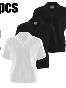 Men's Textured Cuban Collar Shirt, Short Sleeve Button-Front Casual Summer Top, Stylish and Comfortable Men's Clothing, Classic