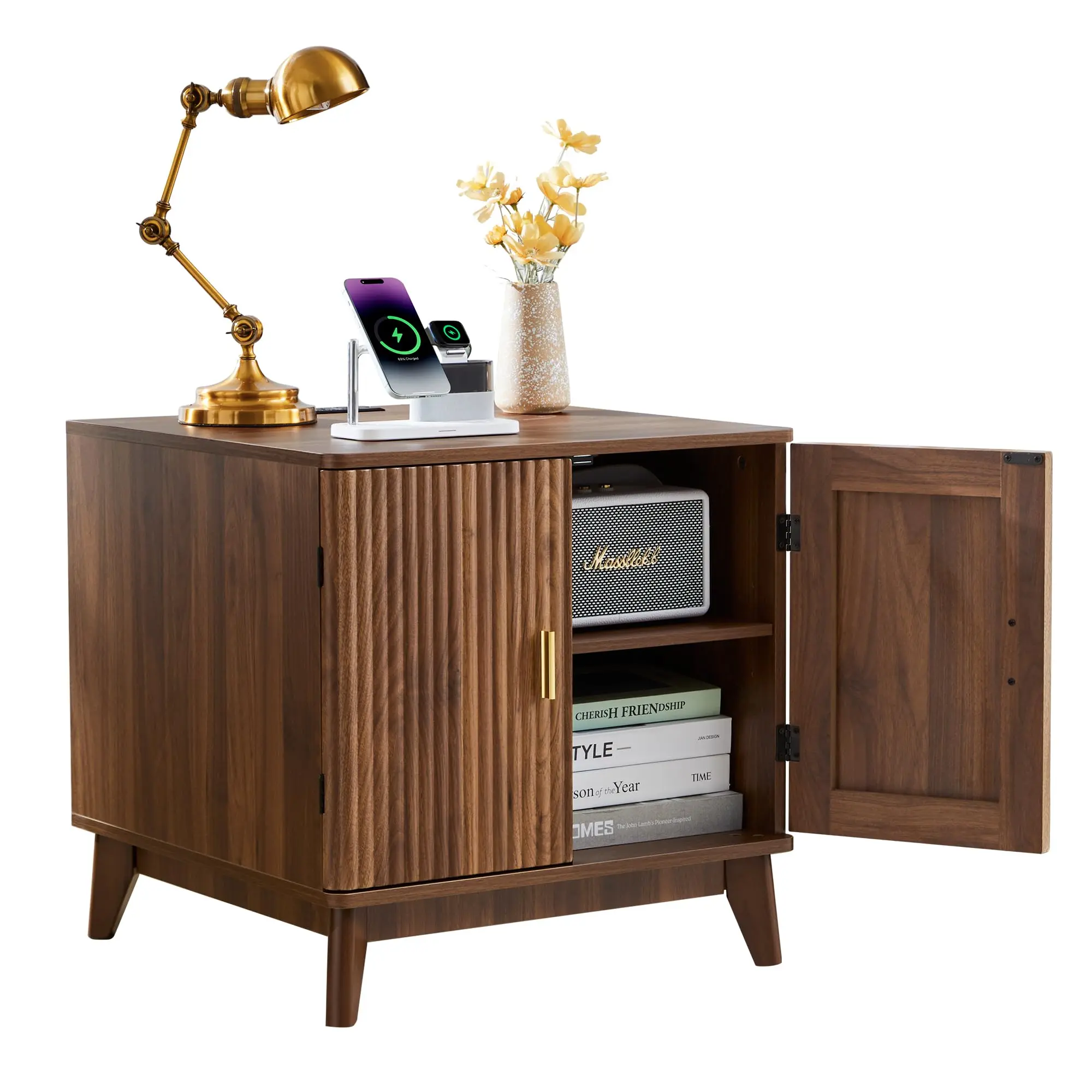 Giratree 23.62" Fluted End Table with Charging Station, Mid Century Modern Nightstand with 2 Doors, Bed Side Table with Storage for Couch,Living Room,Small Spaces, Sofa Side Table for Office,Dorm