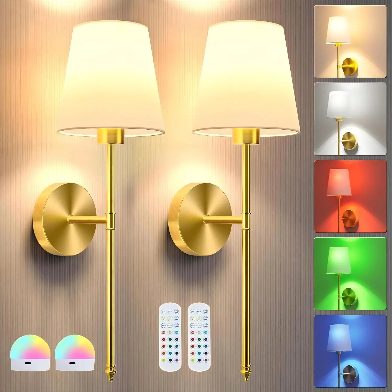 Battery Operated Wall Sconce Set of 2,Gold Rechargeable Dimmable Wall Sconce Set,10 Colors Wireless Wall Lamps for Bedroom Living Room Hallway Decor,White Fabric Shade Wall Sconces，witeless lights，hall lights，white lamps，rechargeable wall，retro industrial