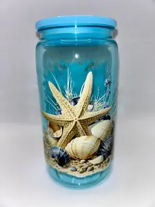 Coastal Glass Jar Starfish Seashell Beach Decor Ocean Gift Nautical Aesthetic Cup