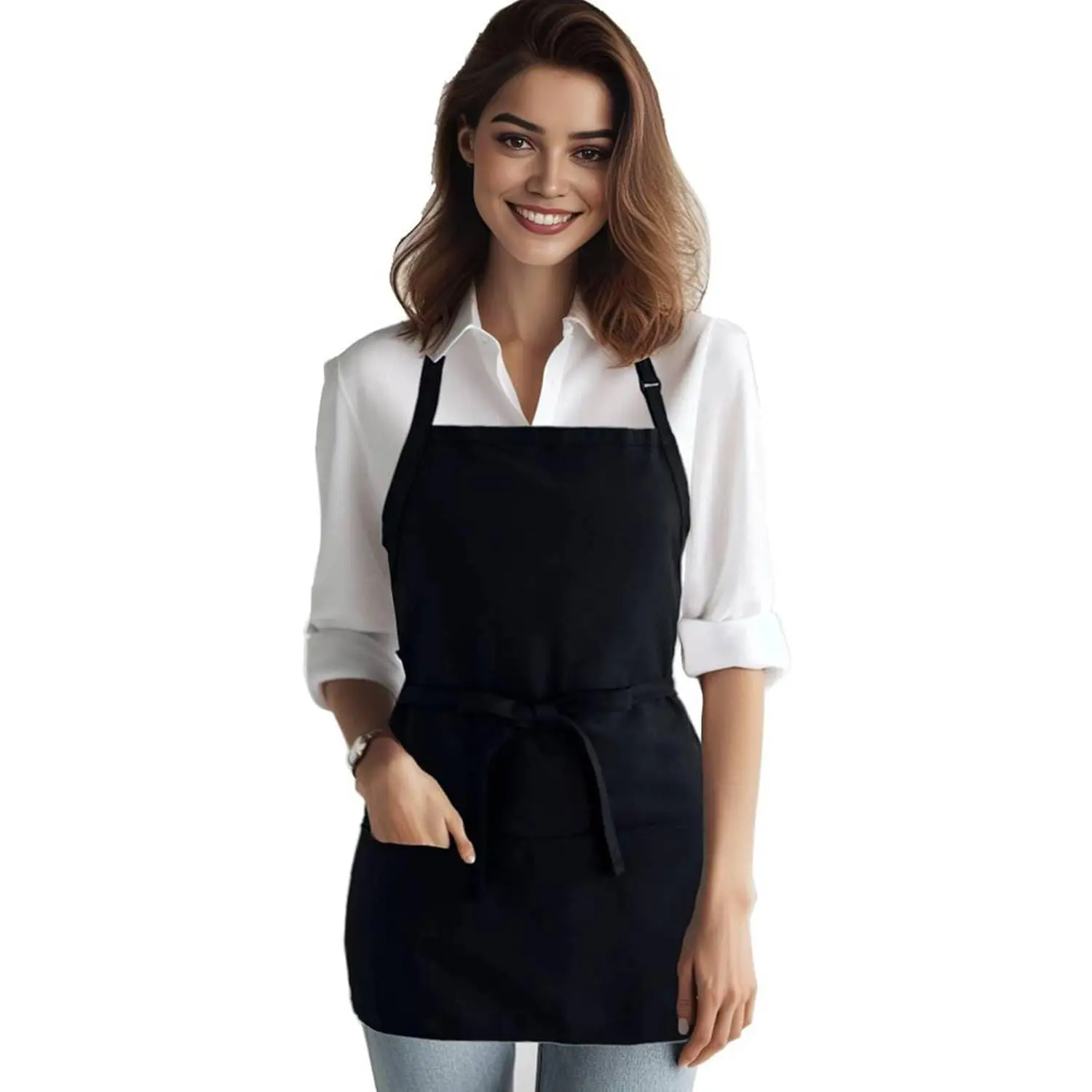 Women's Adjustable Short Halter Chef Apron with 3 Pockets, Black, Home Supplies Server Apron with Pocket