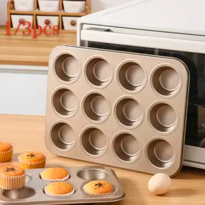 1/3-piece high-quality carbon steel 12-cup muffin tray, non-stick cupcake baking tray and cupcake tray, suitable for baking cheesecake and thousand-layer pastry in oven, easy to clean.