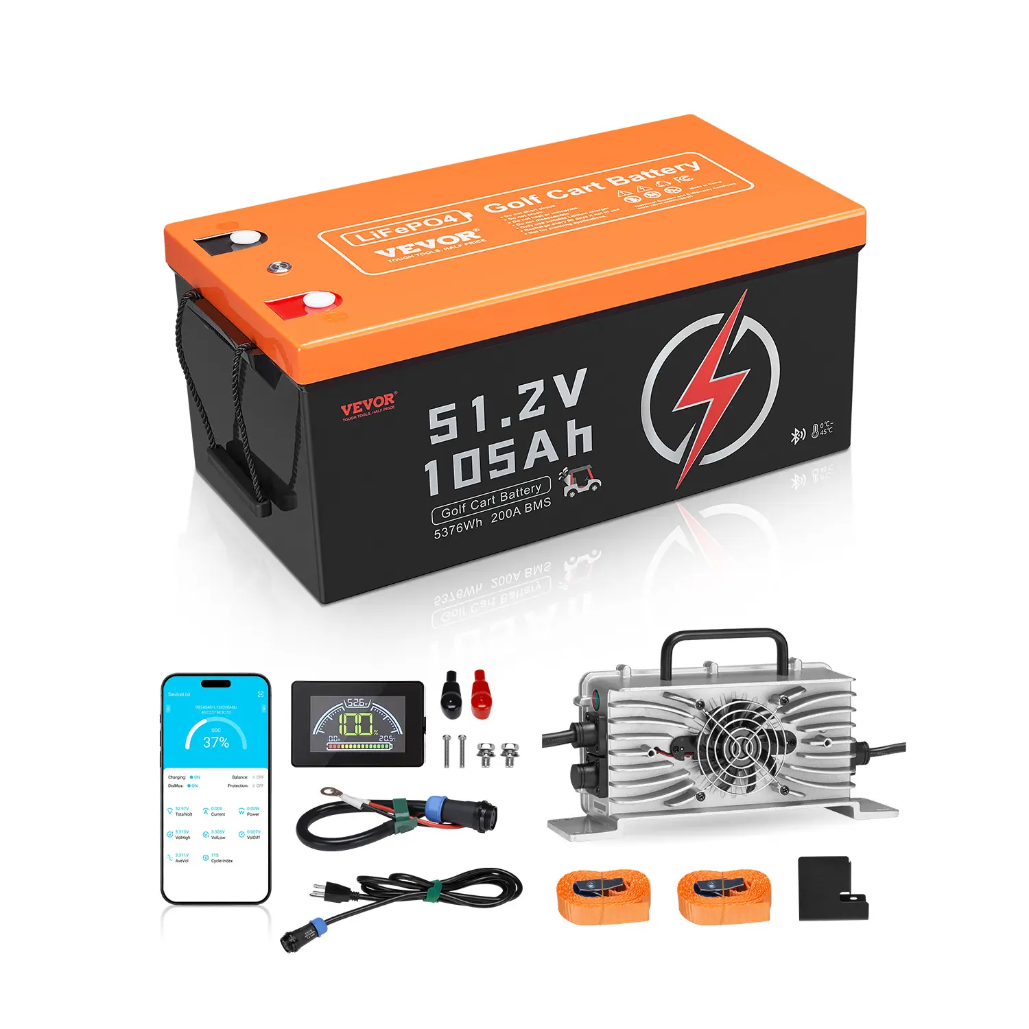 【Summerfinds】VEVOR 48V（51.2V) 105Ah Golf Cart Lithium Battery,48 Volt Golf Cart Battery with 200A BMSLCD Monitor and Mobile APPLiFePO4 Battery with 600A Peak Current20A Charger and 4000+ Cyclesfor Golf Carts