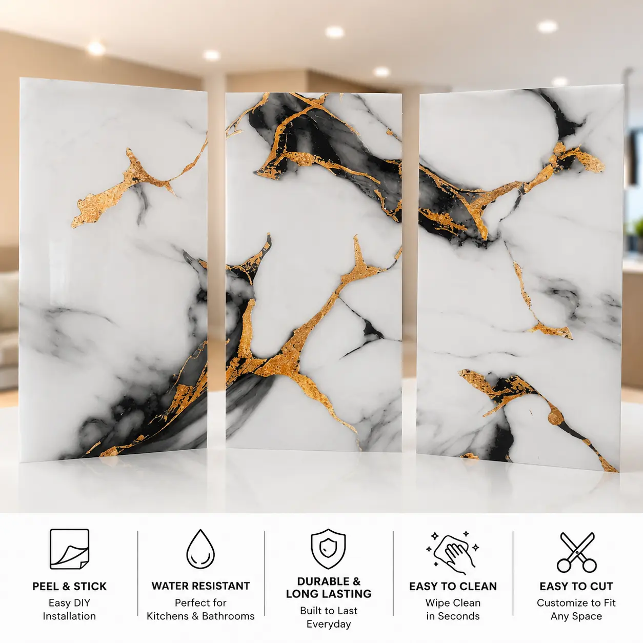 12"x24" Peel and Stick Marble Wall Panels – White Black Gold Gloss Finish, Self Adhesive Waterproof Tile, Easy DIY Backsplash & Accent Wall (20-Pack, 40 Sq Ft)