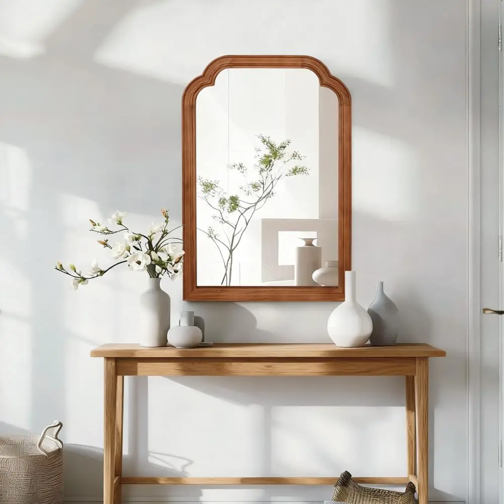 Elegant Farmhouse 20x30 in Solid Wood Frame Round Corner Glass Vanity Mirror, Durable Wall Decor for Living Room, Bedroom, Entryway with Easy Installation