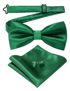 Men's Solid Color Pre-Tied Bow Tie and Pocket Square Cufflinks Set