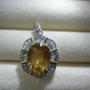 <PingEast jewelry > citrine——925 Sterling Silver Pendant | 9x11mm Natural Citrine with Ripple Bezel (Chain Not Included)