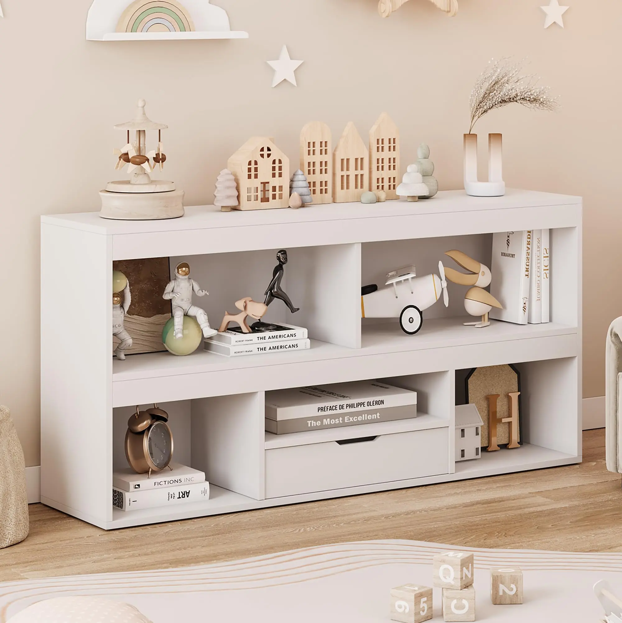 【GARVEE】5 Cubes Wooden Bookshelf with Drawer and Toy Storage Organizer, Multi-Shelf Cabinet for Playroom, Classroom, Nursery, and Kids' Room