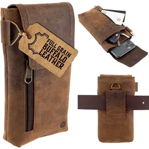 Leather Phone Holster – Genuine Full-Grain Buffalo Leather Cell Phone Holsters Holster for Large Smartphones Belt Holder - 7"H x 3.5" W