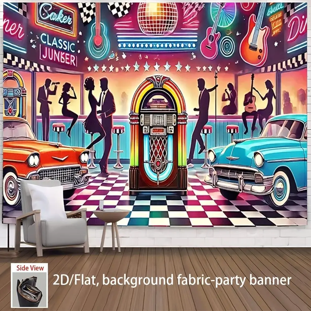 1pc 2D Flat Vintage Jukebox Diner Party Banner - Retro 1950s Neon Design Polyester Fabric Backdrop for Birthdays, Weddings, Bars & Home Decor - No Electricity Needed, Easy Hang Indoor/Outdoor, Festive Decoration