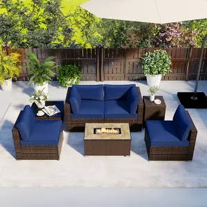 COSTWAY - 7 Pieces Outdoor Furniture Set with 32 Inch Fire Pit Table and Propane Tank Cover-Navy