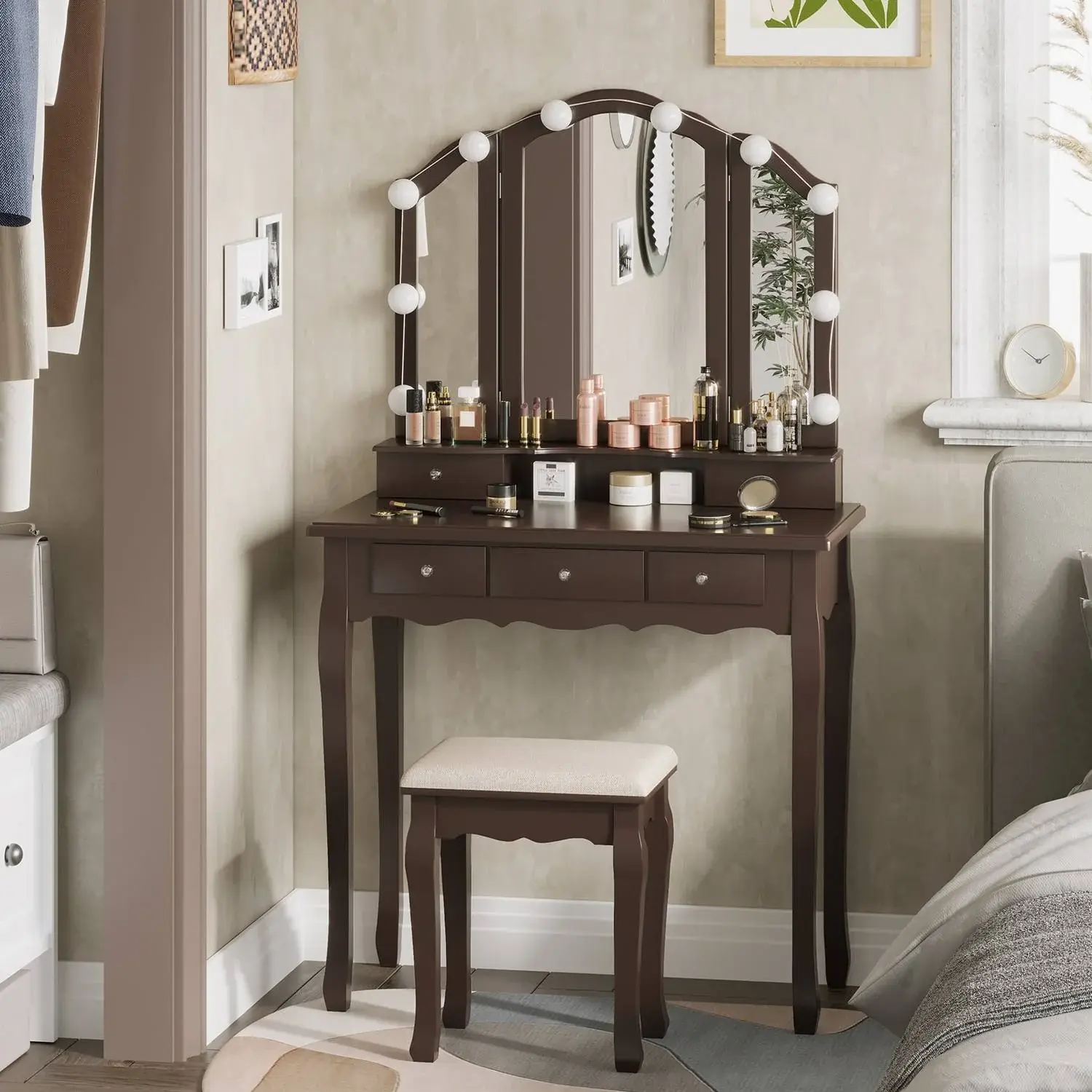 SIKAIC Sturdy Modern Bedroom Vanity Makeup Desk - Engineered Wood Vanity with Mirror, 10 LED Light Bulbs, Adjustable Extensible Mirror, Stool, 5-Drawer Set