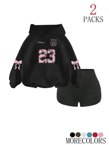 Women's Fall Winter Hooded Drawstring Sweatshirt Set, Sweat Suit, Sweatsuit Outfits, Fashion Simple Design with Tree Print, Pocket Hoodie & Gym Shorts, 2 Piece, Sporty Shorts Set