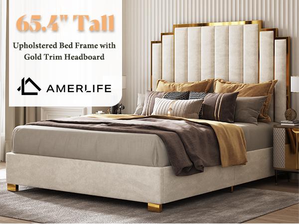 AMERLIFE Bed Frame with 65" Headboard, Upholstered Platform Bed with Golden Plating Trim, Modern Luxury Bed Frame, No Box Spring Needed/No Mattress/Queen/King/Best Gift Ideas/Christmas Gifts