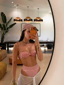Women's Striped Push-Up Bikini Set, Striped Pattern, Fashionable High-Waisted Two-Piece Swimsuit, Casual Holiday Spa Beach Party Wear, Bikinis Set
