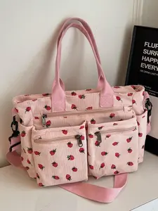 New Strawberry Print Large Capacity Multi-Pocket Tote Bag, Fashion Simple Shoulder Bag, Ideal for Students, Shopping, Commuting, Women's Backpack