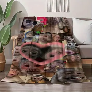 Soft Funny Throw Blanket Monkey Heart Expressions Flannel Blanket - Soft Plush Throw with Expressive Monkey Faces (Surprise!, Love!, Happiness), Heart Accent - Lightweight & Warm All-Season Blanket for Couch, Bed, Office,