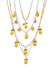 Summer Fresh Resin Lemon Daisy Necklace, Handmade Beaded High Gloss Pearl Fruit Pendant, Women's Summer Vacation Jewelry Accessory, Dainty Pearl Necklace