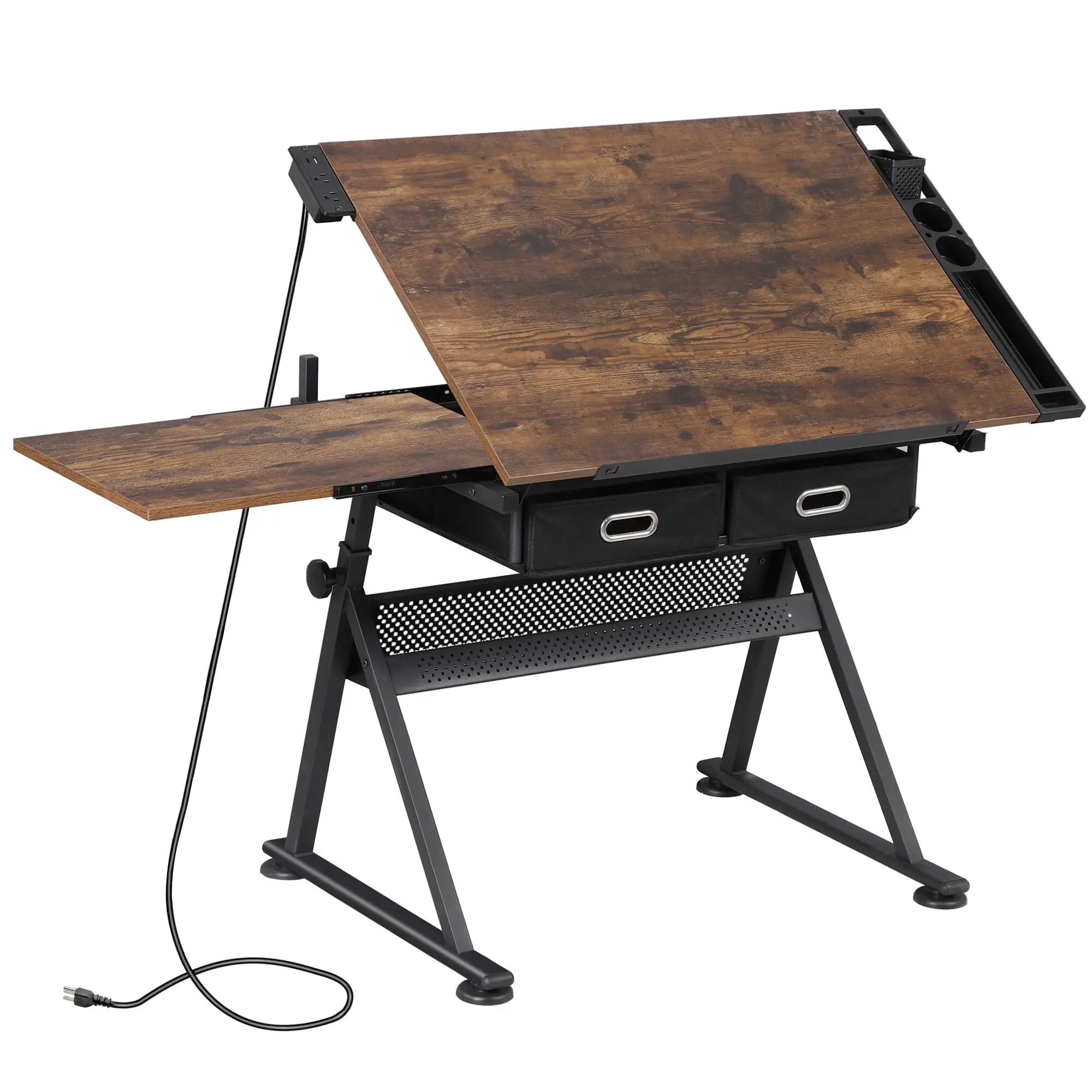Segawe Height & Angle Adjustable Sit Stand Desk - Durable Steel-Wood Construction, Tiltable Tabletop, Sliding Drawers, Storage Drawer Platform, Dark Natural Finish Office Workstation