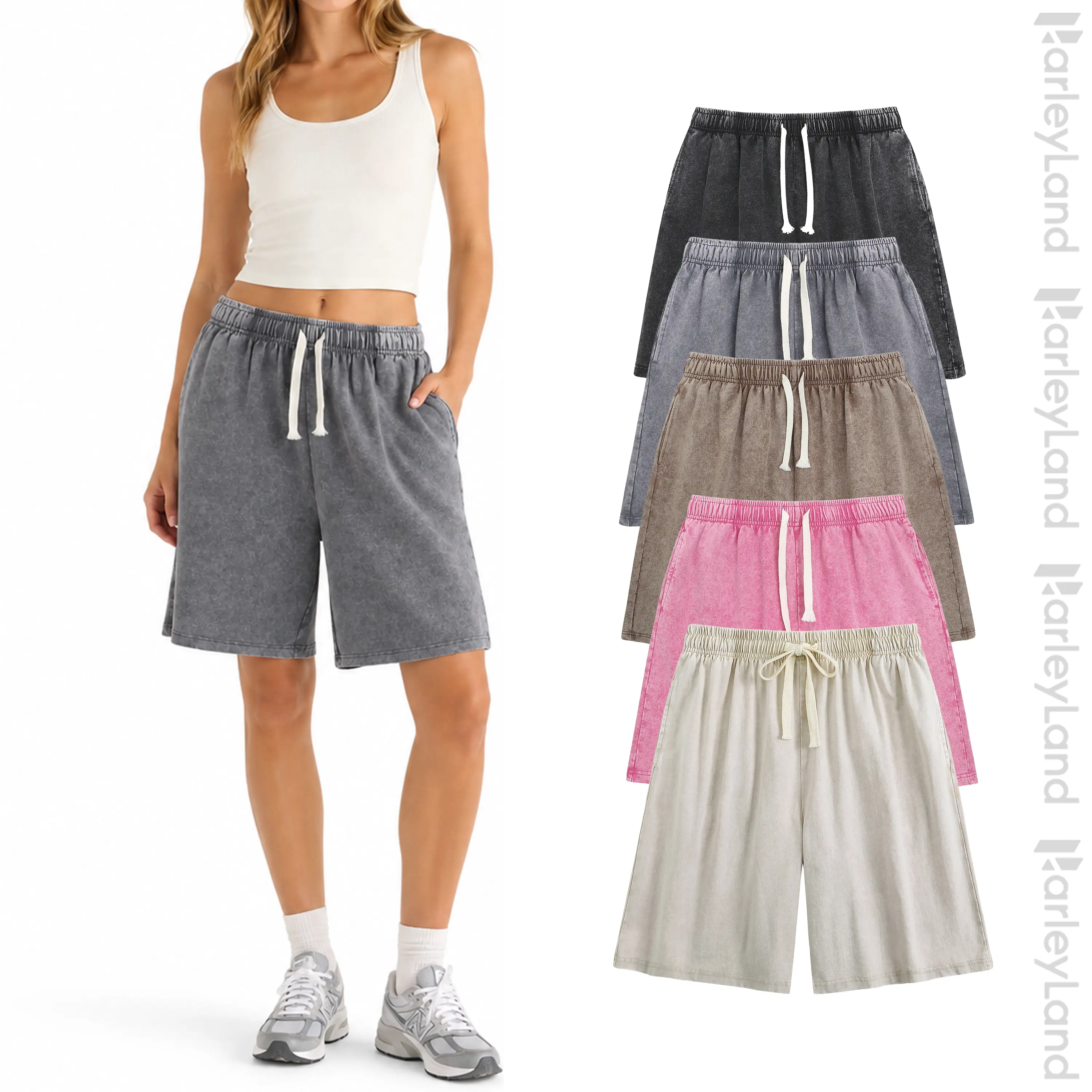 HarlyLand Women’s Acid-Washed Cotton Blend Shorts, Lightweight Fashion Apparel, Breathable Loose-Oversized Fit, Pockets, for Lounge, Beach, Everyday Wear, Shorts For Women, Baggy Cotton Shorts