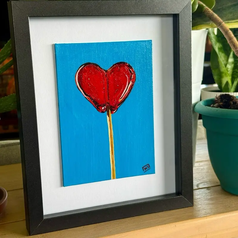 Heart Lollipop Original Framed Acrylic Painting signed candy art nostalgia