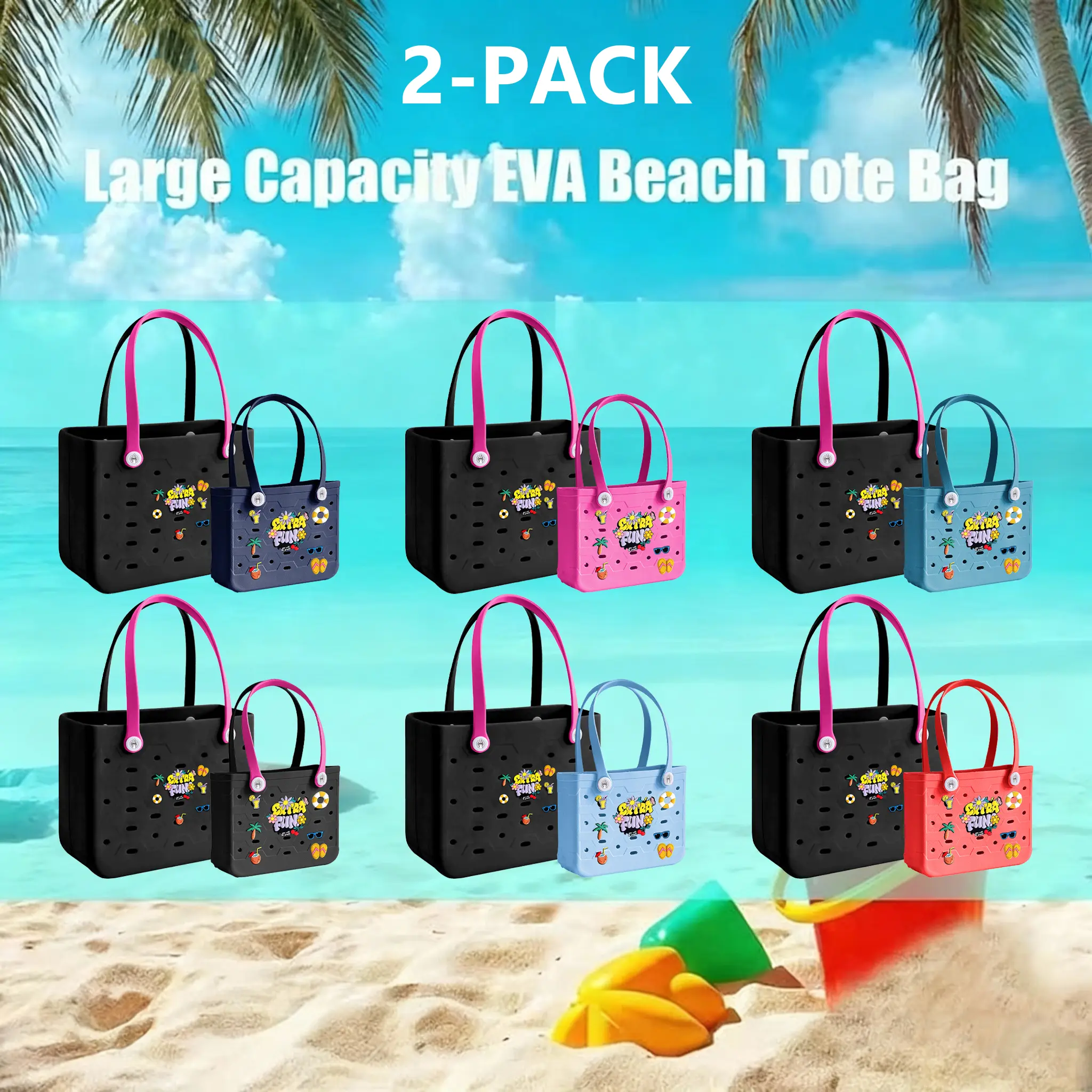 Women's 2-Set EVA Beach Tote Bags - Waterproof, Lightweight, Large-Capacity Shoulder Bags - Beach Aesthetic with Decorative Accessories for Vacation, Shopping - Summer Essentials, Beach Aesthetic Women's Tote Bags