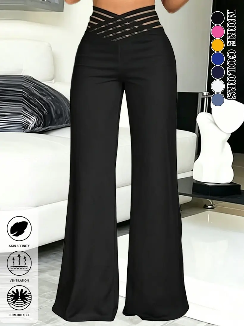 LIFE KEEPS MOVING — High-waisted crossover-waist slim-fit ankle-length pants that flatter the figure and make legs look longer; versatile for commuting and casual wear; women’s fashion casual pants with woven straps and cutout details; solid-color high-wa