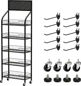 Commercial 5 Tier Freestanding Retail Display Rack for Snacks and Candy, Heavy Duty Q235 Steel Chip Stand with Sliding Baskets, 360° Rotating Silent Wheels, 4 Foot Pads & 10 Price Tags