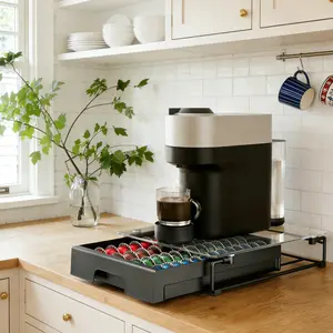 EVERIE Crystal Clear Tempered Glass Coffee Pod Drawer Durable Metal Frame Slide-out Organizer Holder Box Compatible With Nespresso Vertuo Capsules Holds 40 7.77 floz / 52 1.35 floz for Coffee Bar & Kitchen Countertop