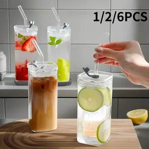 Square glass water glass with lid and straw, Glass Tumbler, clear glass, suitable for home use as a milk glass, coffee cup, or latte cup. Perfect as a gift for Thanksgiving, Halloween, and Christmas.