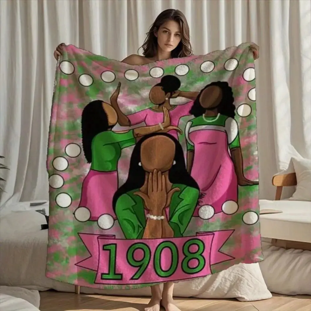 Alpha Kappa Alpha AKA Sorority 1908 Tribute Plush Throw Blanket, Soft Light Fluffy Fleece, Pink Green Sisterhood Decor for Bed Sofa Office Travel, Ideal Founders Day Birthday Gift For Sorors