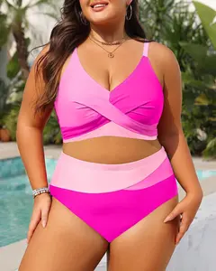 Plus Size Wrap Front Color Block Bikini High Waisted Tummy Control Two Piece Swimwear for Women