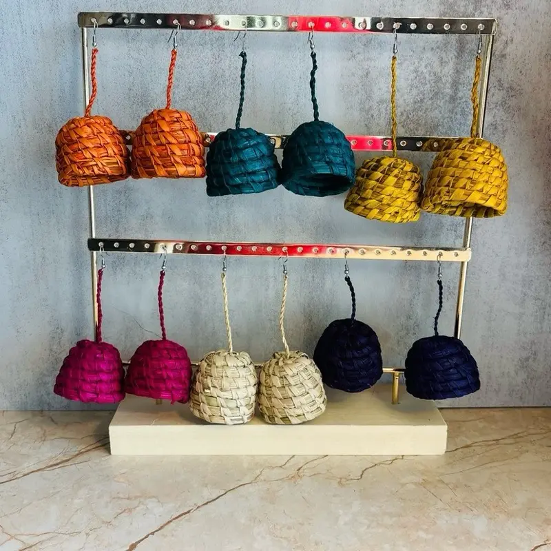 40/ BOCKET: Handcrafted Raffia Leaf Woven Statement Earrings, Naturally Dyed, Hypoallergenic, Skin Irritation-Free .