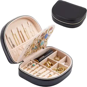 Travel Size Jewelry Box, Small Portable Seashell-Shaped Jewelry Case, 2 Layer Mini Jewelry Organizer in PU Leather for Women -Black