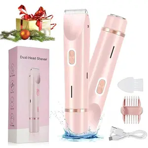 Bikini Trimmer for Women, Electric Shaver and Razor Rechargeable 2-in-1 Body and Facial Epilator, Dual Heads for Painless Trimming of Pubic Hair, Face, Underarms and Legs, IPX7 Waterproof. Christmas Gift New Year Gift Shaving Grooming Lightweight