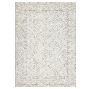 6x9 ft Polyester Cashmere Beige White Rectangular Area Rug with Geometric Print, Foldable Modern Design, Washable Surface for Multi-Use Areas, Hallway, Bathroom