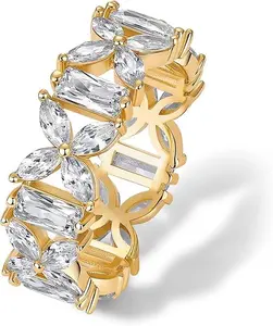 14K Gold Plated Marquise Eternity Rings for Women - Cubic Zirconia Chunky Stackable Wedding Ring - Statement Baguette CZ Gold Wedding Bands for Women - Promise Band Bridal Jewelry