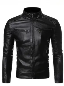New 2025 Model Men's Solid Zip Up Mock Neck Faux Leather Jacket, Slim Casual Long Sleeve Outerwear for Fall & Winter, Men's Clothes for Daily Wear