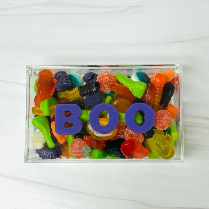 Halloween 'BOO' Candy Letters Snack Box with Hard Candy Blackberry Flavored Letters and a Fruity, Sweet Spooky Gummy Mix