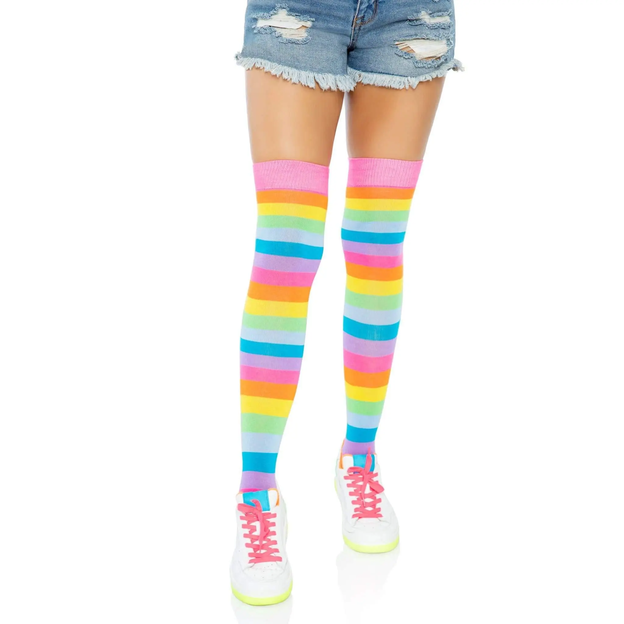 Women's Thigh High Stockings in Neon Rainbow Stripes, Funky Colorful Hosiery with Reinforced Toe for Halloween & Everyday Wear