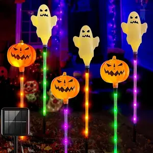 6 Solar Powered Pumpkin Garden Stake Lights, Halloween Outdoor Decoration, Color Changing Pathway Lights with 8 Modes for Porch & Cemetery