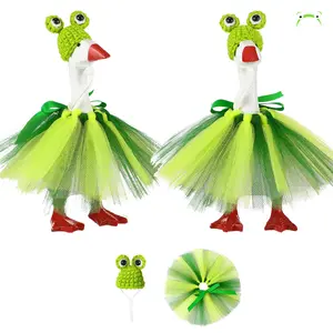 7 Inch Desk Goose Frog Costume 2PCS Set,Tutu Skirt WIth Handmade Knitted Frog Hat , Kawaii Outfit for Magnetic Desk Goose Key Holder,Perfect Spring Desk Decor&Housewarming Gift