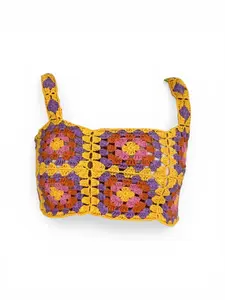 Handmade Crochet Granny Square Crop Top Yellow Multicolor Boho Festival Tank