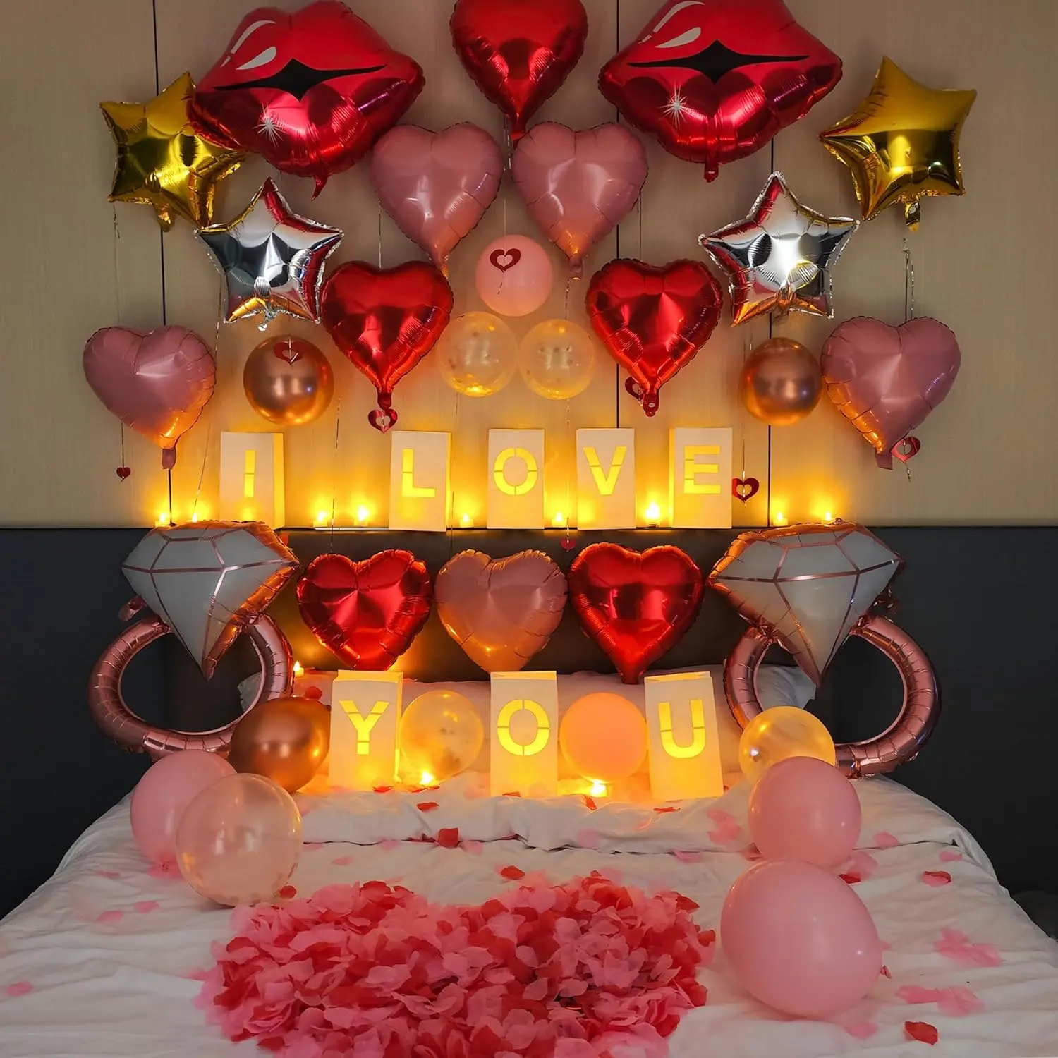 Love Theme Romantic Event Decoration Kit - "I Love You" Light-Up Letters, Flameless LEDs Tealights, Rose Petals, Balloons & Luminary Bags for Anniversary, Proposal