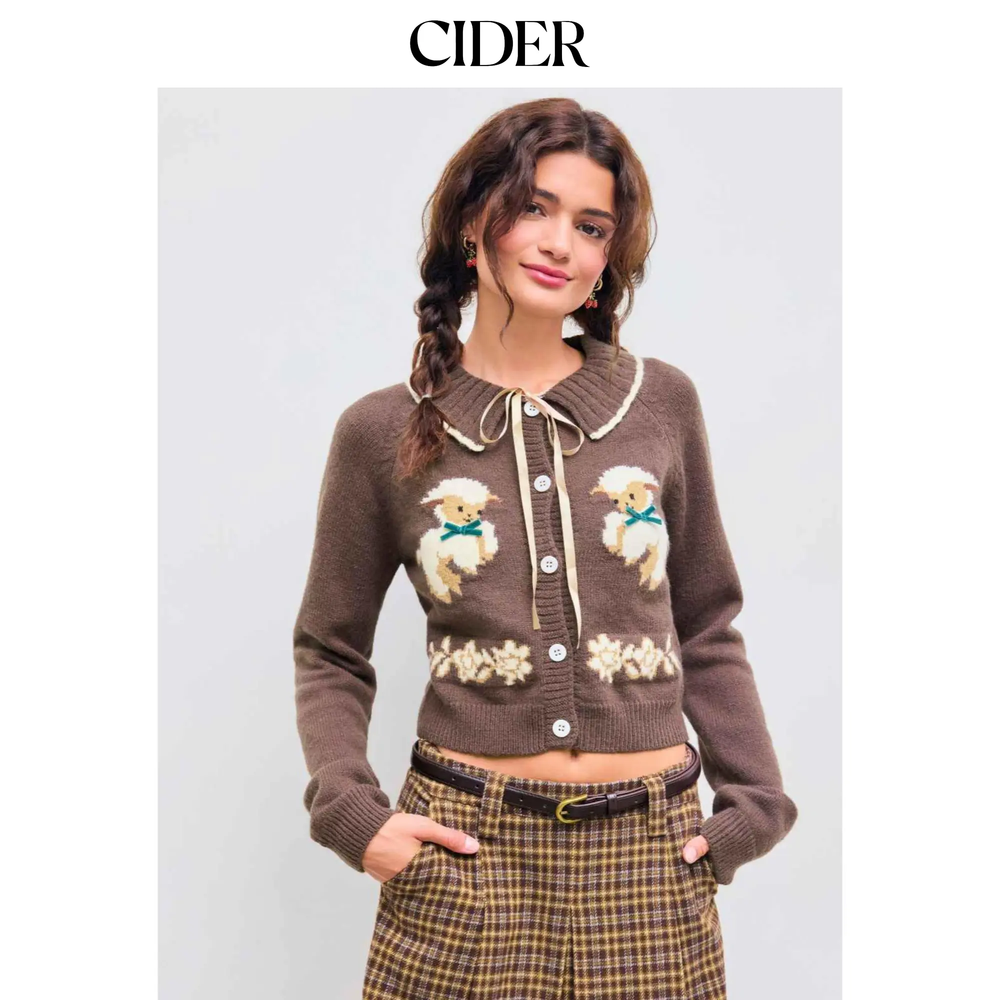 Cider Women's Long Sleeve Loose-Fitting Casual Knit Cardigan - Preppy Collared Clothes with Sheep Animal Print and Bowknot Details